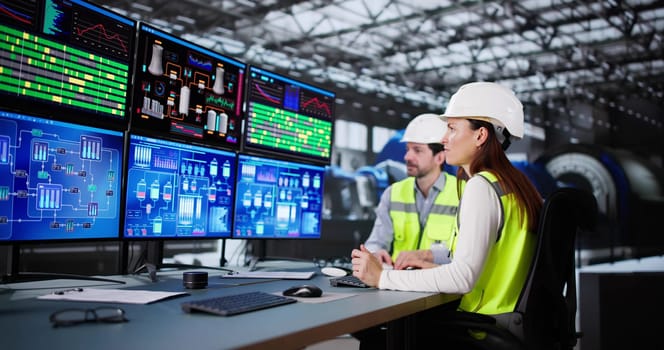 Man controlling electricity generation in power plant using SCADA system.