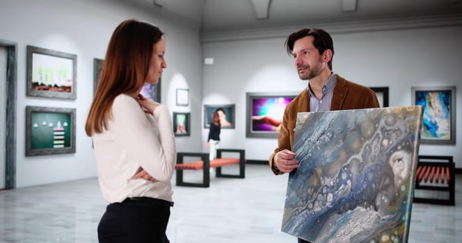 Modern Art Lovers Explore Gallery, Seeking To Purchase Abstract Paintings.