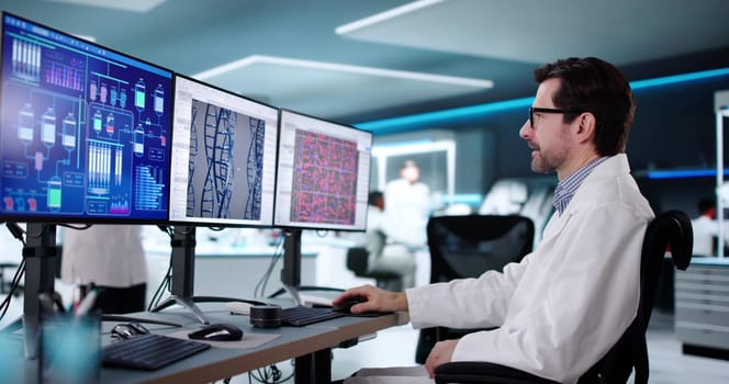 Female scientist researching biotechnology in lab using advanced computer technology.