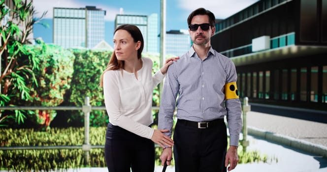 Compassionate woman guides visually impaired man across busy city street.