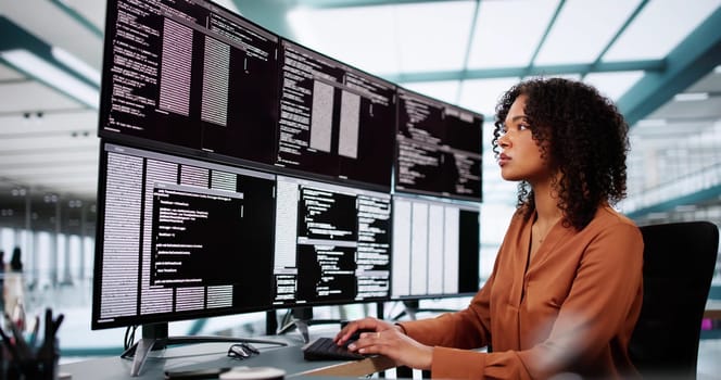 Coder Using Computer At Desk. Web Developer Lady