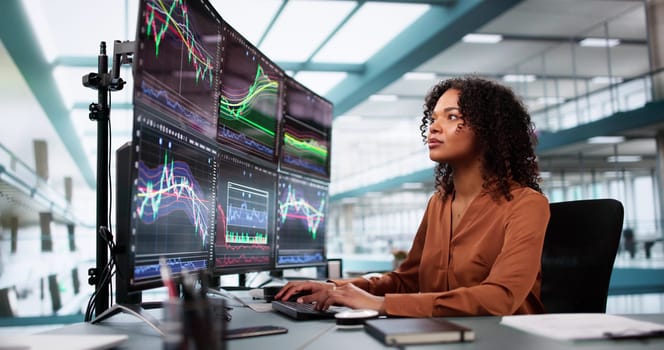 Stock Market Broker Looking At Graphs On Multiple Screens In Office