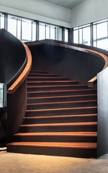 Bangkok, Thailand - Mar 02, 2025 - Layered wood spiral staircase with railings handle grip interior of Bank of Thailand Learning Center. View of Geometric shape of wooden curved stairs, Interesting architectural elements, use it as your Wallpaper, Poster and Space for text, Selective focus.