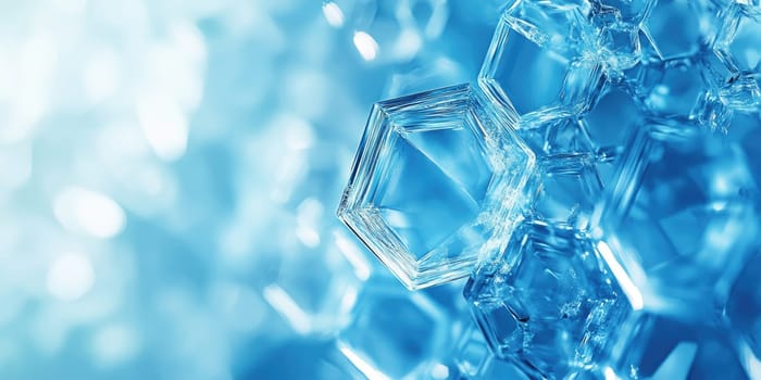 Intricate crystal formations exhibit stunning geometric shapes and reflections, illuminated by soft blue light, creating a captivating abstract visual effect.