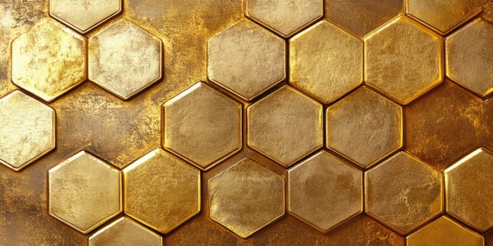 A textured wall features an arrangement of hexagonal tiles in varying shades of gold, reflecting light beautifully and adding depth to the space. The design evokes a sense of elegance and style.