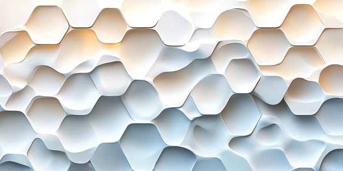A beautifully crafted textured wall features a series of interconnected hexagonal shapes in varying sizes, creating depth with soft white tones. The design exemplifies contemporary art.
