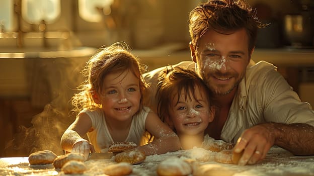 A father and his two young daughters are enjoying a joyful baking session at home. Flour dust fills the air as they shape dough into baked goods, smiling together.