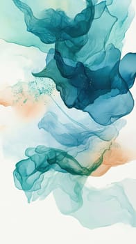 Colors blend seamlessly to create flowing waves of blue and green, intertwined with gentle orange hues. The artwork evokes tranquility and fluidity, perfect for modern decor.