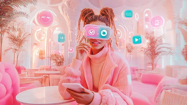 A young woman wears virtual reality goggles while seated in a bright, modern setting. She interacts with floating digital icons, showcasing advanced technology and creativity.
