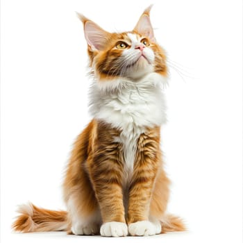 A beautiful orange and white Maine Coon cat sits upright, gazing upward with curiosity. Its fluffy coat and alert expression showcase the breed's charm and elegance.