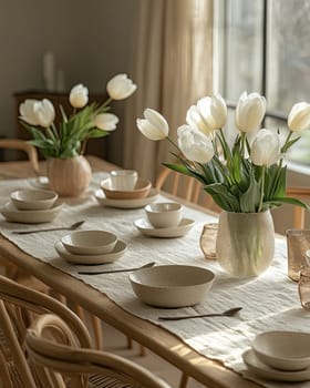 A beautifully arranged dining table showcases white tulips in simple vases, accompanied by minimalist bowls and cutlery, all illuminated by soft sunlight entering through the window.