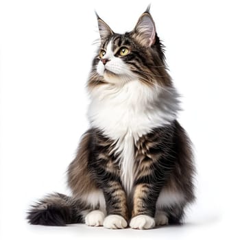 A Maine Coon cat sits elegantly with its fluffy fur and impressive size. Its bright eyes and tufted ears highlight its regal presence in a clearly lit environment.