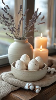 A serene indoor setting features a bowl of speckled eggs, lit candles, and a vase with lavender. Soft natural light enhances the tranquil atmosphere, perfect for a peaceful moment.