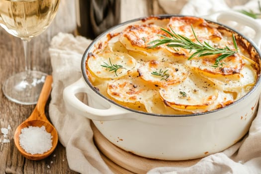 A warm dish of layered potatoes is baked to golden perfection, garnished with fresh herbs. A glass of white wine and salt sit nearby, creating a cozy dining atmosphere.