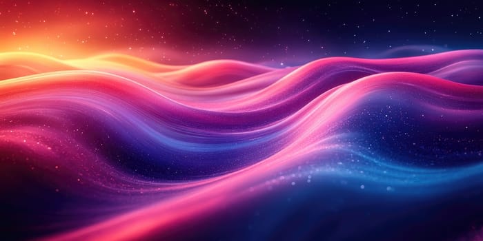 Surreal landscape features flowing waves of color in shades of pink, purple, and blue set against a starry night sky, creating a dreamy atmosphere filled with wonder.