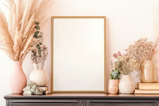 A wooden tabletop showcases an empty picture frame surrounded by elegant vases filled with dried flowers and greenery. The bright setting emphasizes the natural textures.