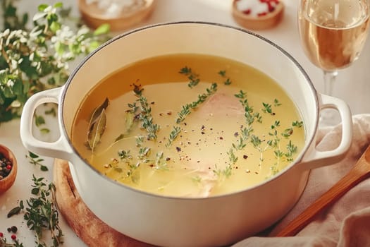A pot filled with a warm broth is simmering gently, surrounded by fresh thyme and bay leaves. Nearby, a wine glass adds a touch of elegance to the cozy kitchen atmosphere.