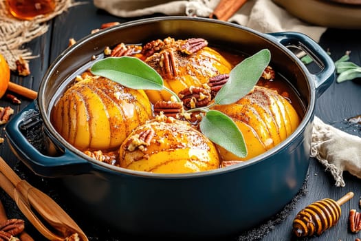 Juicy peaches are baked until tender and topped with pecans, herbs, and spices. The rustic setting features warm autumn colors and textures enhancing the delicious presentation.