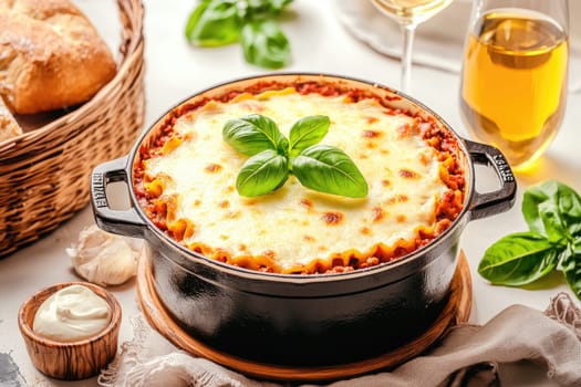 A warm lasagna, layered with cheese and sauce, is presented in a cast-iron pot. Fresh basil garnishes the top, surrounded by bread rolls and drinks.