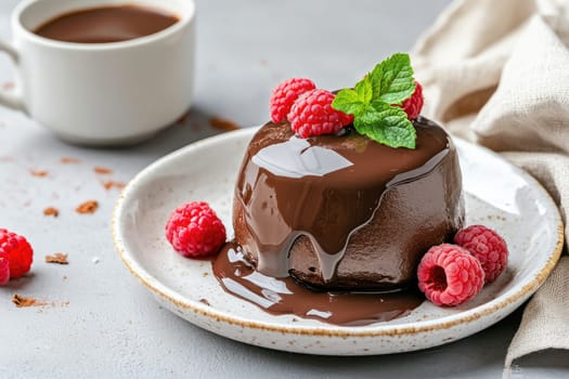 A rich chocolate dessert sits on a white plate, drizzled with melted chocolate. Fresh raspberries and a sprig of mint adorn the top, alongside a cup of hot beverage in the background.