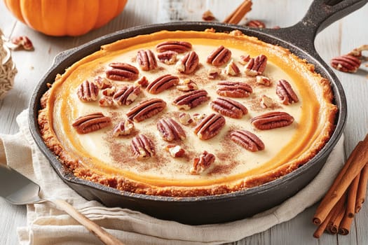 A pecan pie is freshly baked in a cast iron skillet, showcasing a golden crust topped with pecans and spices. Surrounding elements hint at a cozy autumn setting.