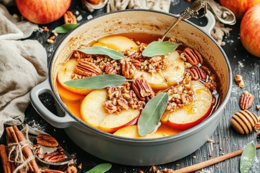 Fresh sliced apples are baked with pecans and sage in a rustic pot, surrounded by apples and spices in a cozy kitchen setup for a comforting treat.