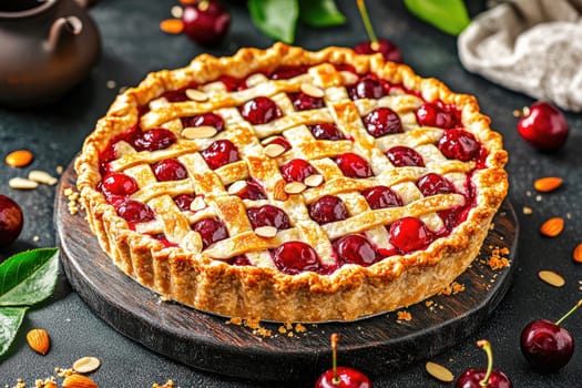 A beautifully crafted cherry pie sits on a wooden board, adorned with a lattice crust. Fresh cherries and sliced almonds surround the pie, enhancing its appealing presentation.