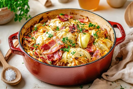 A delicious meal featuring tender cabbage, crispy bacon, and seasoned potatoes is slowly cooking in a vibrant pot on a rustic kitchen table, with herbs adding freshness.