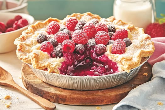 A delicious berry pie sits on a wooden cutting board, topped with fresh raspberries and powdered sugar. Nearby, bowls of berries and a bottle of milk add to the inviting scene.
