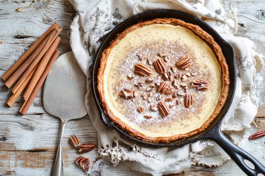 A pecan pie rests in a cast iron skillet, garnished with nuts and dusted with spices. This dessert showcases a delicious, homemade treat on a weathered wooden surface.