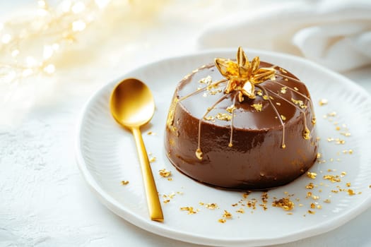 A smooth chocolate dessert is topped with a shining golden flower and delicate gold flakes. A gold spoon rests beside it on a white plate, enhancing the luxurious presentation.