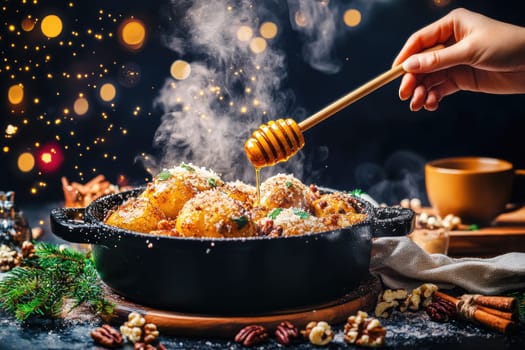 A hand drizzles honey over warm, golden pastry balls while steam rises, creating a cozy atmosphere filled with festive lights and holiday treats in a kitchen.