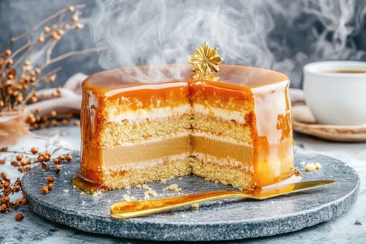 This decadent caramel cake features smooth layers of cream and sponge, topped with a shiny glaze. A warm cup of coffee complements the sweet dessert, creating a perfect treat for any occasion.