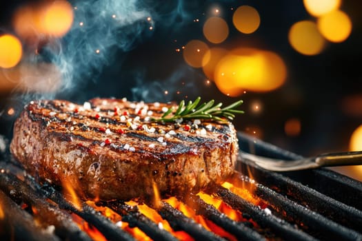 A thick, juicy steak sizzles on a grill, releasing mouthwatering smoke and garnished with fresh rosemary while vibrant flames dance around it during a night cookout.