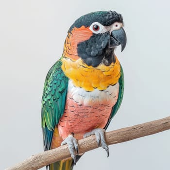 A stunning parrot with a mix of green, orange, and black feathers stands on a branch. The bird displays its vivid colors and inquisitive expression in a well-lit environment.
