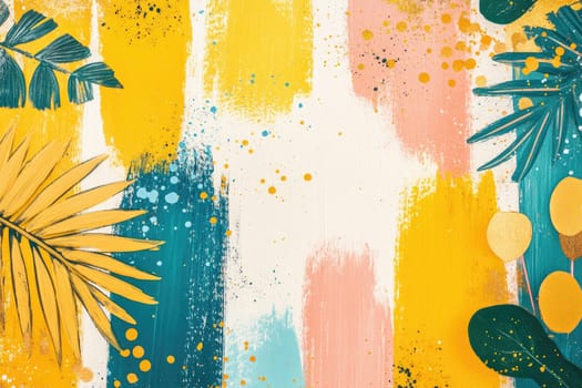 This artwork features bright brush strokes in yellow, teal, and pink, complemented by tropical leaves. The lively colors create an uplifting and energetic atmosphere, perfect for any creative space.