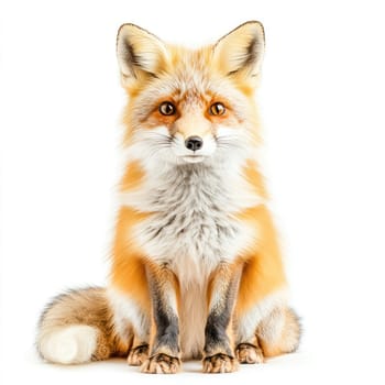 A beautiful orange and white fox is positioned upright with its striking eyes looking directly forward, highlighting its bushy tail and detailed fur against a plain white background.
