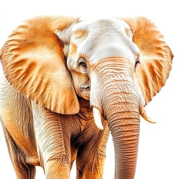 A large, majestic elephant showcases its impressive features and textures in a stunning display of colors, creating a striking visual impact against a white background.