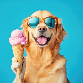 A joyful golden retriever holds a cone of pink ice cream while wearing trendy sunglasses against a vivid blue backdrop, radiating fun and playfulness.