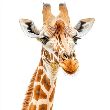 A tall giraffe gazes directly at the viewer, showcasing its distinctive spots and long neck. The animal appears calm and majestic, set against a neutral white backdrop.