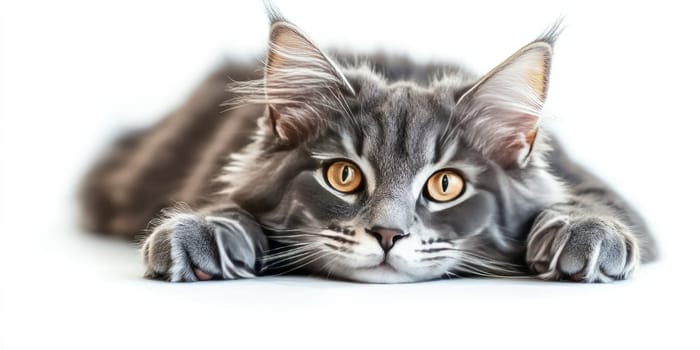 A Maine Coon cat rests gently on a smooth surface, its striking golden eyes reflect curiosity. The fur is fluffy and grey, showcasing the breed's distinct features.
