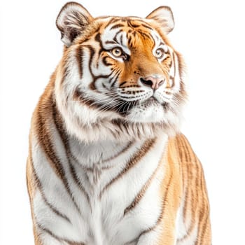 This tiger displays an impressive presence, perched with elegance. Its striking orange and black stripes contrast against a clean white backdrop, showcasing its natural beauty.