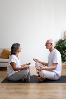 Vertical portrait of mature couple meditating at home living room sitting on a mat. Lifestyle concept.