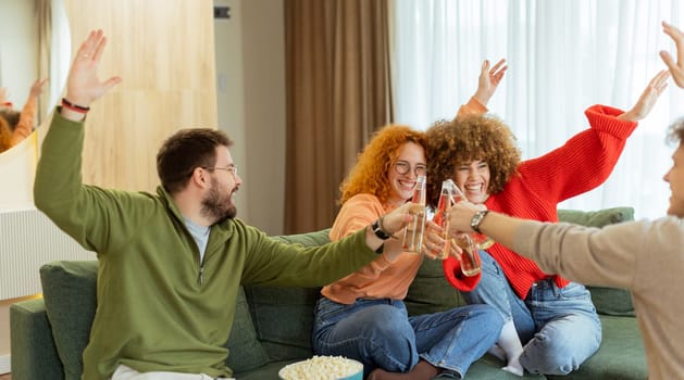 Laughter fills the spacious living room as friends raise their drinks high, reveling in the delightful moments of shared joy. Soft lighting adds warmth to the cozy atmosphere.