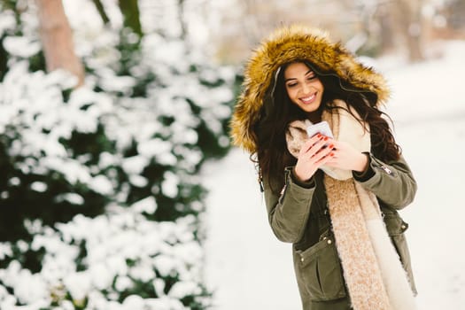 Young woman using a phone in the winter park