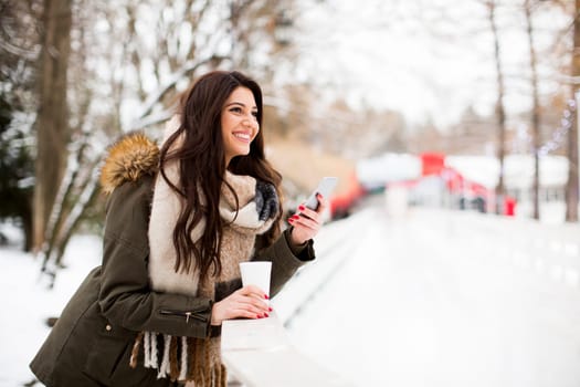 Young woman using a phone and  drinking hot tea in the winter park