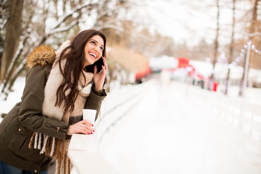 Young woman using a phone and  drinking hot tea in the winter park