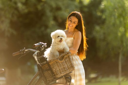 Pretty young woman with white bichon frise dog in the basket of electric bike