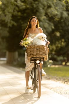 Pretty young woman with white bichon frise dog in the basket of electric bike