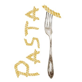 Pasta with a fork and an inscription. Hand drawn italian macaroni on white background. Food clip art. Ideal for pasta packaging, restaurant menus and posters. High quality illustration
